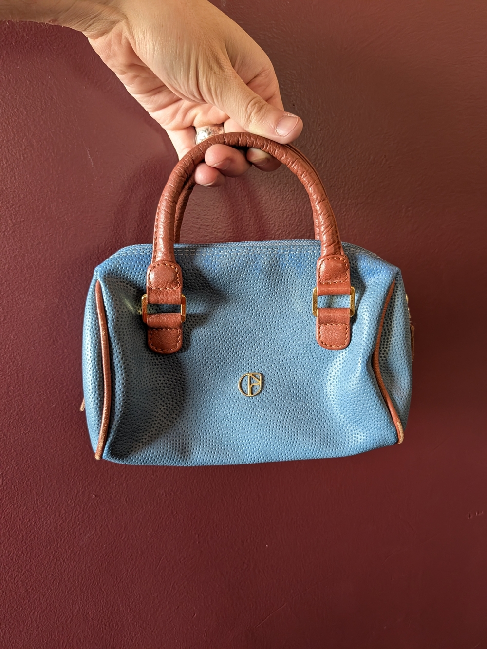 NAZARENO GABRIELLI Blue  Brown Mini Bowling Doctors Handbag Made In Italy